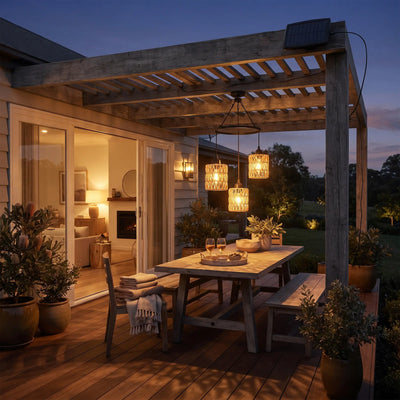 Haiku Trio solar pendant light with three woven rattan lanterns hanging over a wooden pergola dining table at dusk.