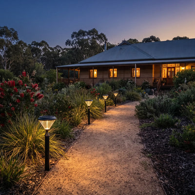 A landscaped garden pathway at dusk leading to a wooden house, illuminated by several black solar post lights with warm white glowing shades.