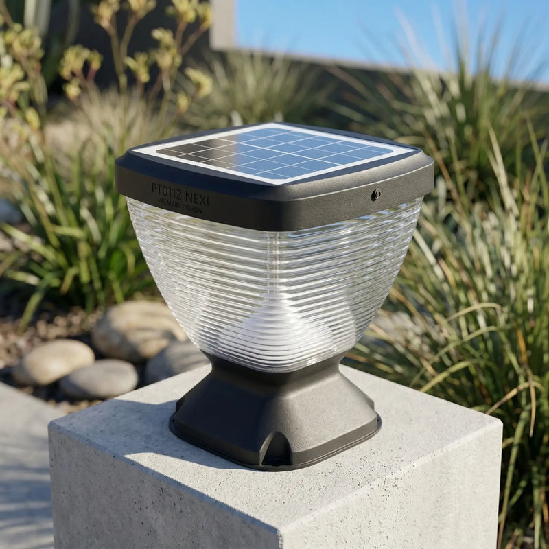 Nexi Solar Pillar Light PT0112 with ribbed clear PC dome and integrated 5W monocrystalline solar panel, mounted on rendered concrete pillar, native Australian garden in background, daytime