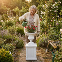 Elderly woman watering red roses in white OUTWAY Flora Roman planter on pedestal, lush cottage garden golden hour — F004-F006-flora-combo-garden-elderly-rose-watering