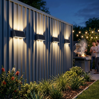 Outdoor setting with people around a grill, illuminated by wall-mounted lights on a metal fence.