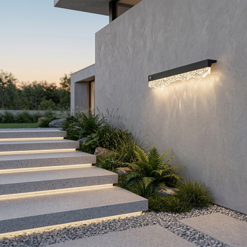 Modern outdoor wall light fixture on a concrete wall with steps leading up to a house.