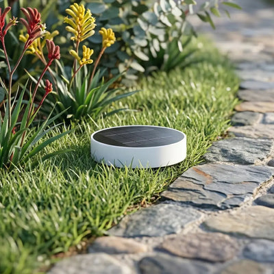Niteo Circle Solar Light flush mounted on green lawn, modern round solar ground light with glass top, outdoor garden landscape lighting.