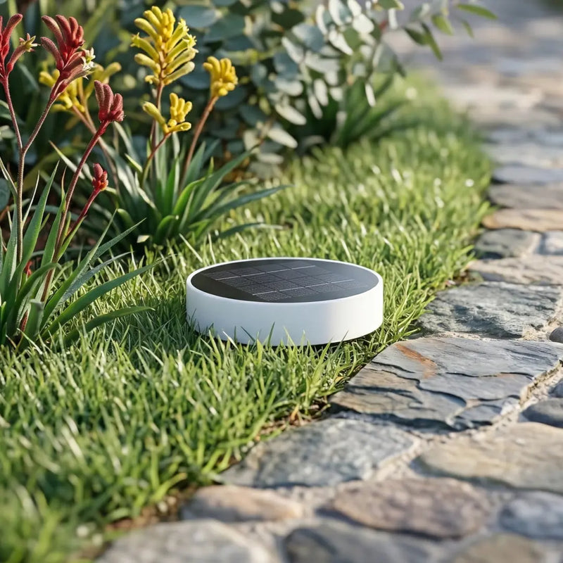 Niteo Circle Solar Light flush mounted on green lawn, modern round solar ground light with glass top, outdoor garden landscape lighting.