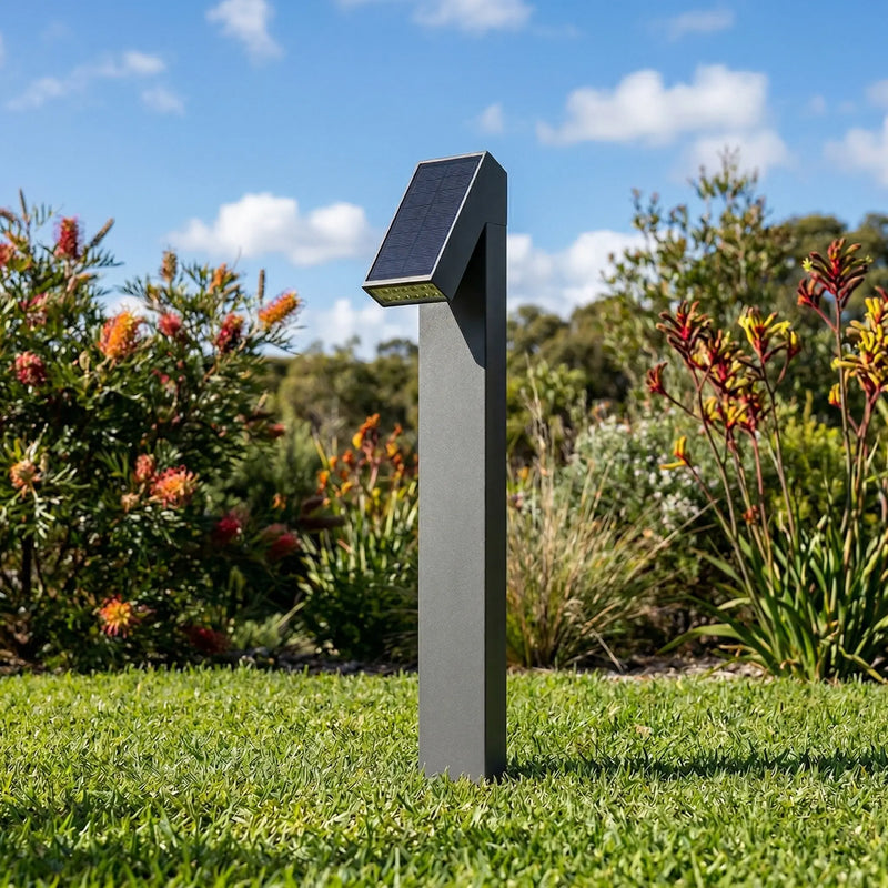 Rivix PT0723 dark grey aluminium solar bollard light standing upright in a sunlit Australian garden, with native flowering shrubs including bottlebrush and kangaroo paw in the background under a blue sky.