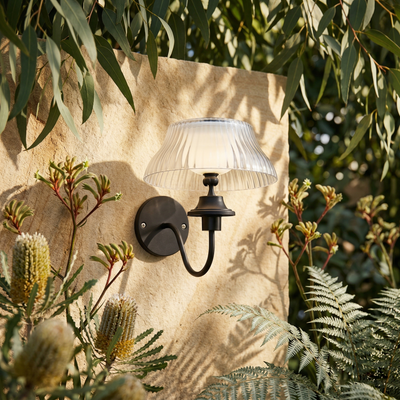 Outdoor wall light fixture on a textured wall with plants around