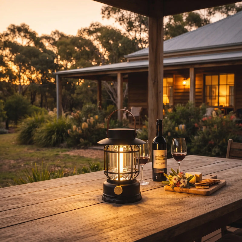 Vintage solar lantern on wooden table with wine and cheese, glowing warmly at dusk in a rustic backyard setting.