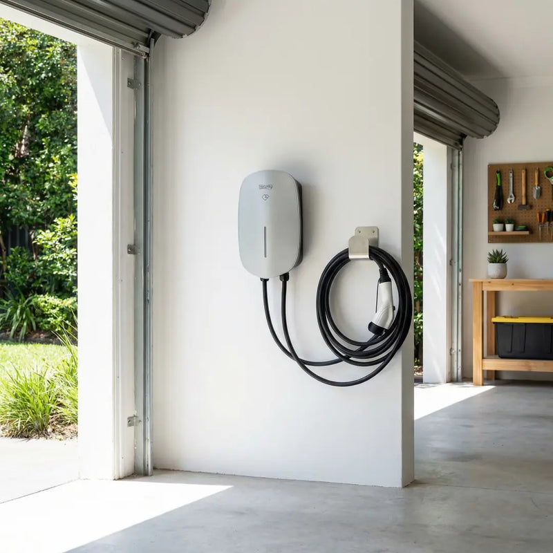 Electric vehicle charging station with coiled cable attached to a wall inside a modern home.