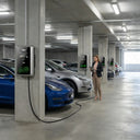 Outway 7kW smart EV chargers powering multiple Teslas in an apartment underground car park.