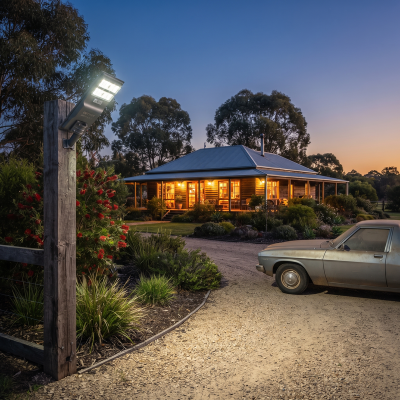 A rustic log cabin-style house with a blue metal roof, warmly lit windows, and solar panels on the roof, set at dusk with a gravel driveway, garden plants, a wooden post with a lit outdoor light, and part of a silver car in the foreground.