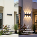 Outdoor wall light fixture on a modern house exterior with daytime and nighttime functionality indicated.
