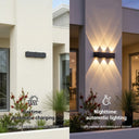 Solar wall wash light daytime automatic charging versus nighttime automatic lighting comparison on modern rendered house facade with native Australian garden