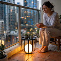 Woman sitting on a balcony at night holding a mug, with city lights in the background.