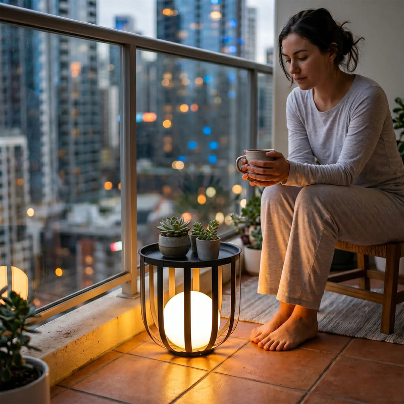 Woman sitting on a balcony at night holding a mug, with city lights in the background.