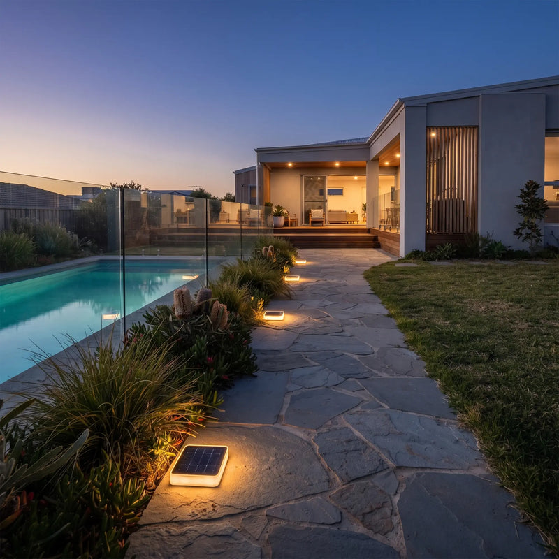 Modern outdoor stone walkway beside a swimming pool at dusk, with solar ground lights illuminating the path and landscaping in front of a contemporary house.