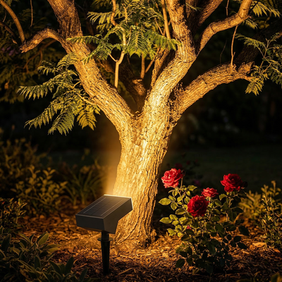 Solar-powered outdoor light illuminating a tree and flowers in a garden at night.