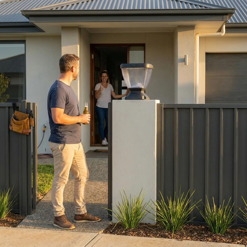 Man holding beer bottle entering front gate of modern Australian home at golden hour, Nexi Solar Pillar Light PT0112 on rendered fence pillar, woman giving thumbs up from front door