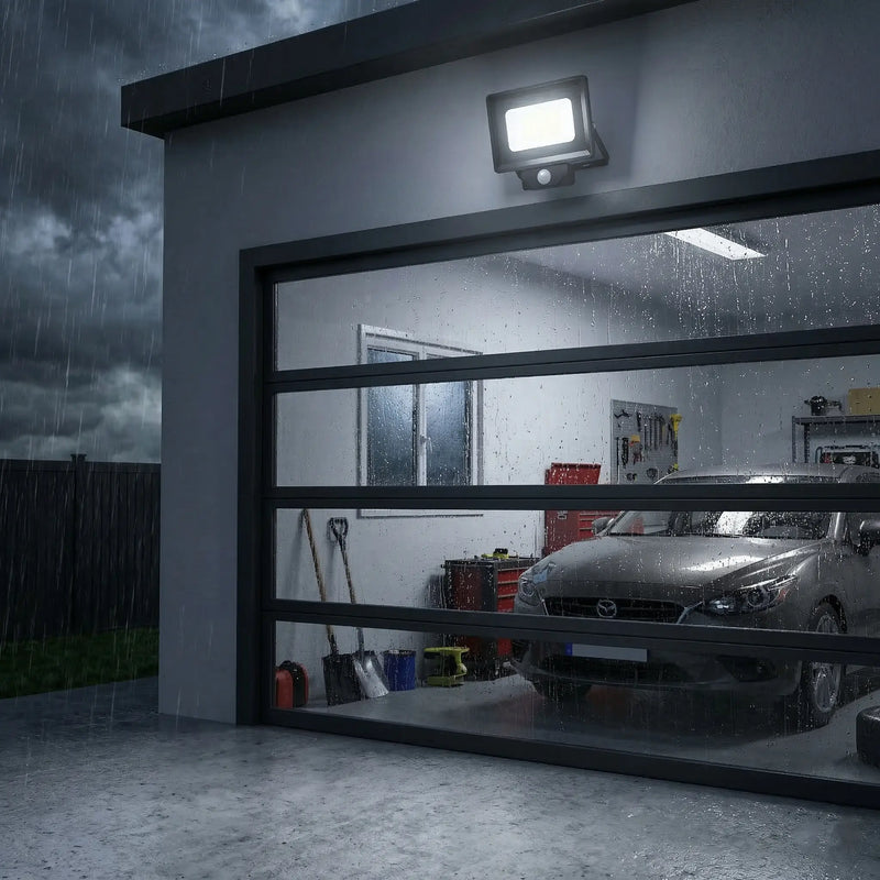 Outway motion sensor with IP65 rating illuminating garage under heavy rain