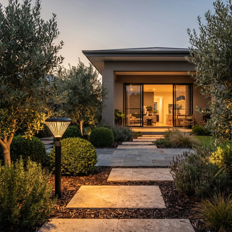 A modern house exterior at dusk with a stone pathway leading from the foreground to the front door, surrounded by trimmed shrubs, olive trees, and a lit garden post lamp.