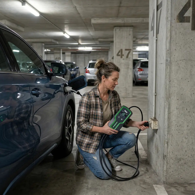 Person using a diagnostic tool on a car in a parking garage.
