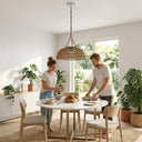 A close-up detail of the PT0901 Kiku Solar Rattan Hanging Lantern showing the intricate texture of the handwoven PE rattan and the durable hemp-grain rope.