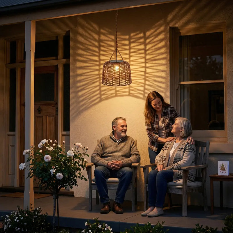 Family gathering on a cozy front porch at dusk, illuminated by the warm glow of the PT0907 Solar Pendant Light casting woven shadows on the wall — perfect for creating inviting outdoor living spaces.