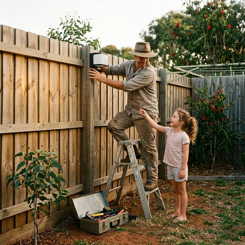 Father in an Akubra hat installing a PT0711 Cube solar wall light on a timber fence post while his daughter watches and helps, Australian backyard setting.
