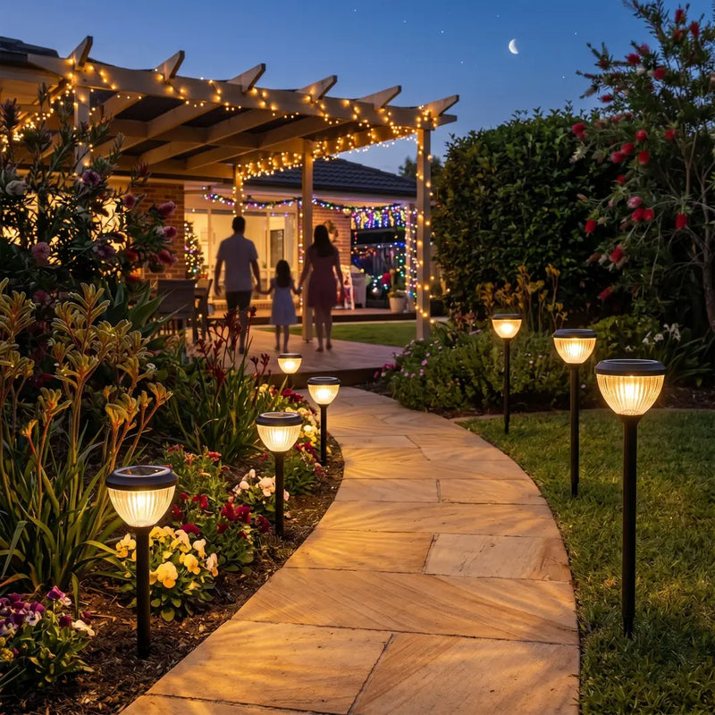 Outdoor solar garden lights set, pathway landscape lighting, waterproof LED lawn lights, creating cozy night atmosphere