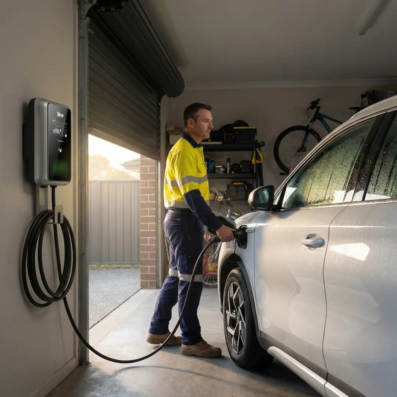 A man in workwear charging a silver SUV with an Outway wallbox charger in a home garage.