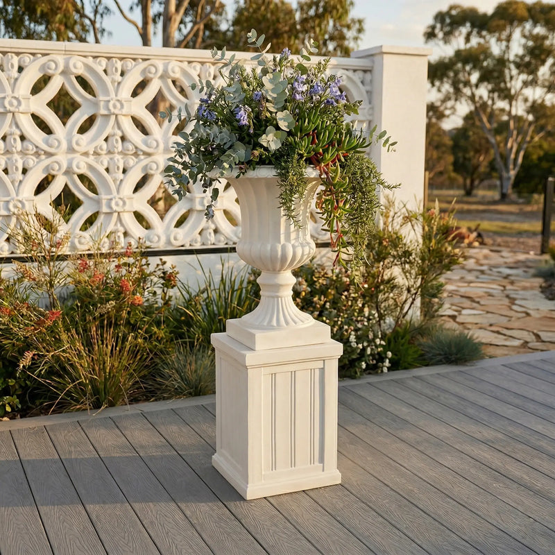 Outway F005 F006 Petra roman sandstone planter pedestal timber pergola patio dinner party wine candles wisteria evening