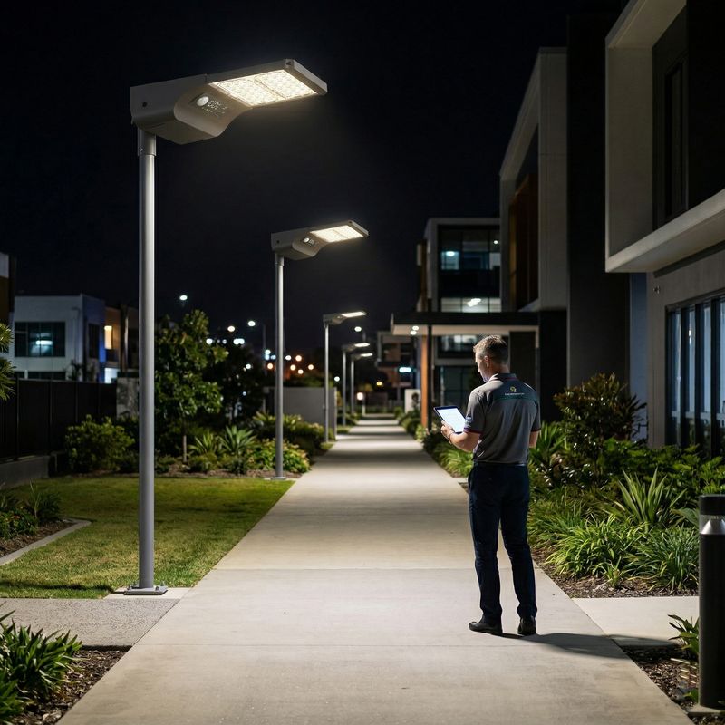 Person using a tablet under illuminated streetlights at night