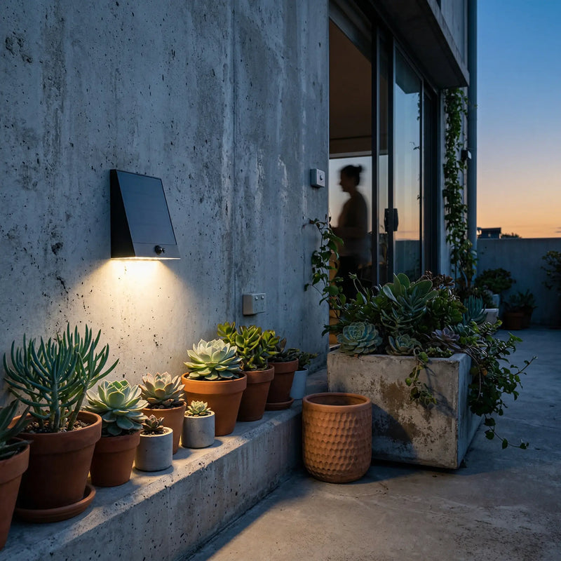 Potted plants on a ledge with a wall-mounted light fixture at dusk.