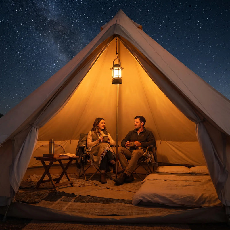 Couple relaxes inside glamping tent under starry sky, illuminated by hanging solar lantern casting cozy amber light.