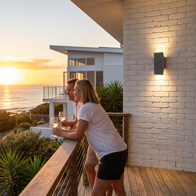 Couple enjoying a sunset view from a balcony with ocean views.
