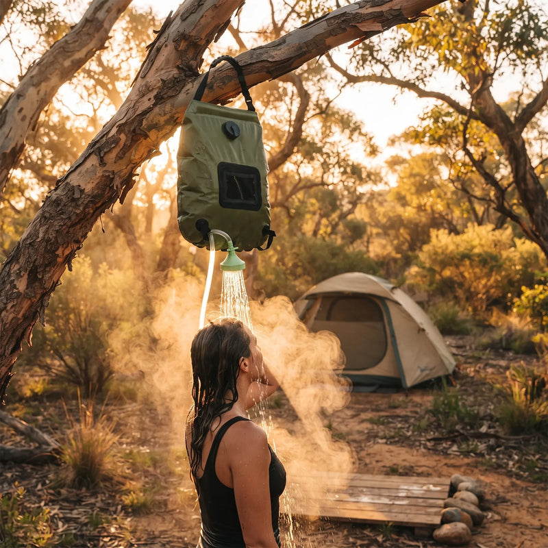 Woman showers under tree using solar-heated water bag; steam rises as tent glows softly in golden-hour forest light.
