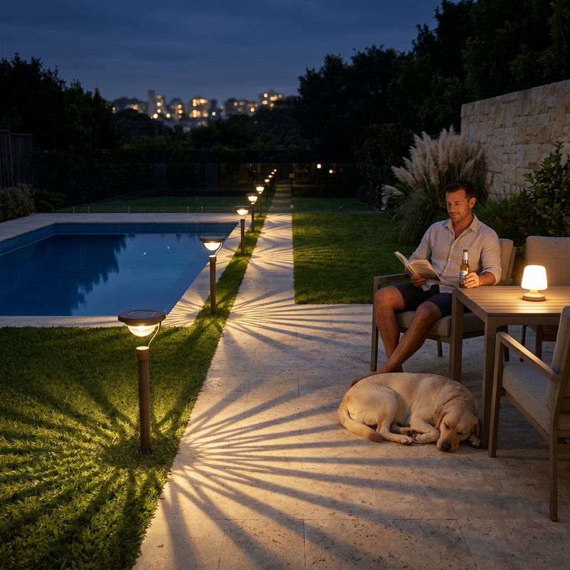 Solar garden path light with optical lens casting radial shadow patterns on grass, featuring a modern matte-black stake design and a Labrador Retriever resting in the background — ideal for contemporary Australian lawns and pet-friendly outdoor spaces.