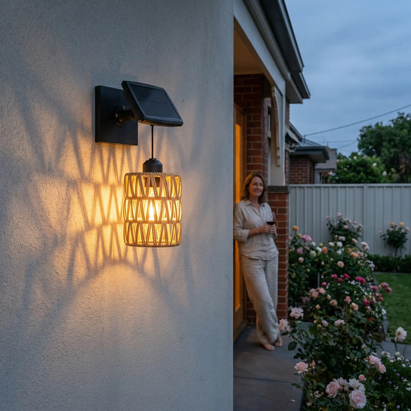 Close-up detail of the Kasa outdoor wall light showing the texture of the weatherproof woven rattan shade and the matte black rust-resistant metal bracket against a rendered wall. Emphasizes the handcrafted quality and durable materials built for Australian conditions.