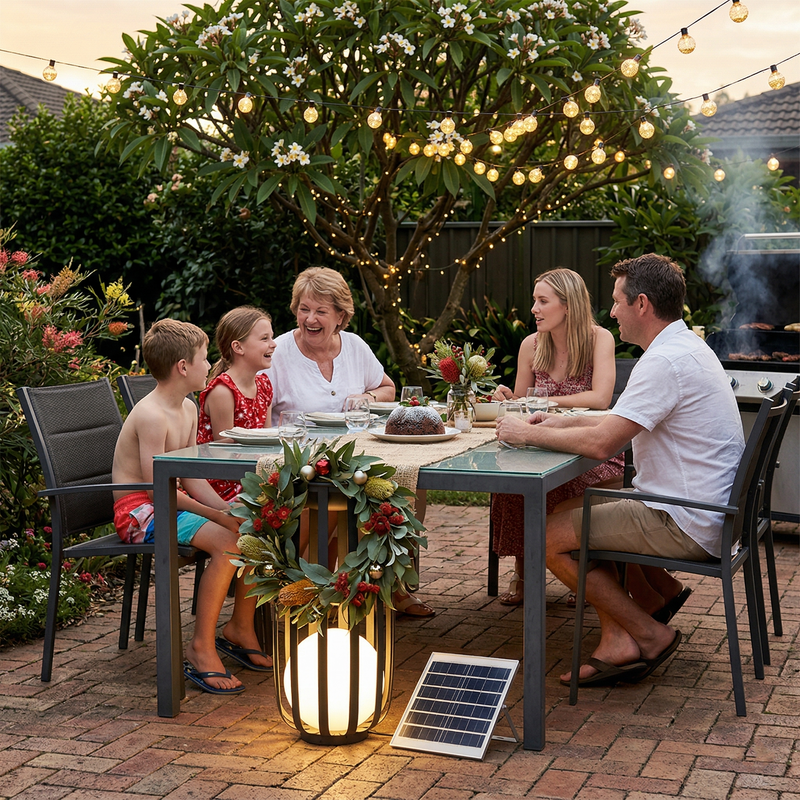 A family of five gathers around an outdoor dining table in a backyard patio setting, illuminated by warm string lights and a glowing solar-powered lantern. A small solar panel is visible on the brick ground next to the table.