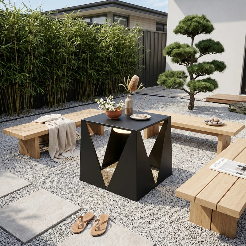 Outdoor patio setting with a black table, wooden benches, and decorative elements.