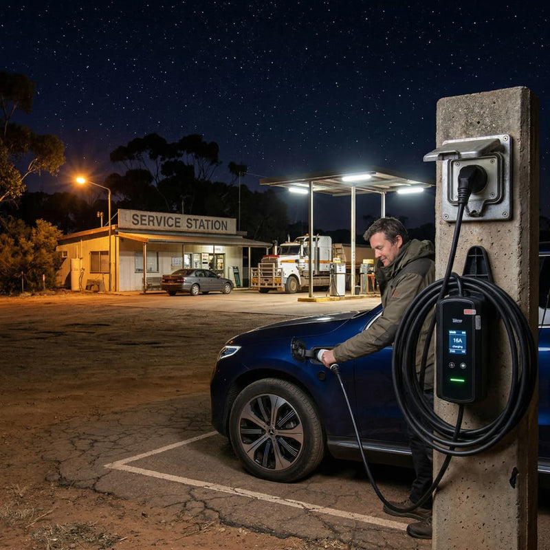 Person charging an electric vehicle at a service station at night.