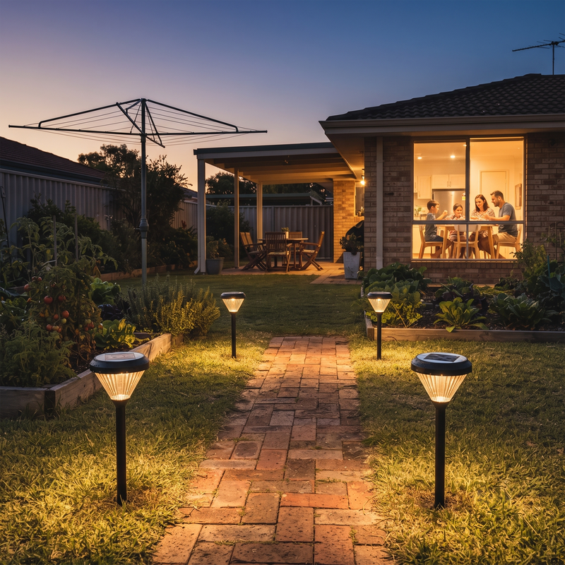 Four solar pathway lights illuminating a brick walkway in a landscaped backyard at dusk, with a house, patio, and yard garden visible in the background.