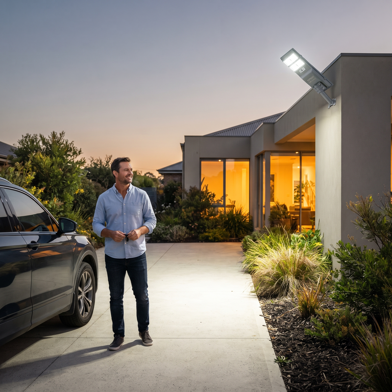 A man stands on a concrete driveway in front of a modern house at dusk, with a wall-mounted solar light illuminating the walkway and exterior. A dark SUV is partially visible on the left.