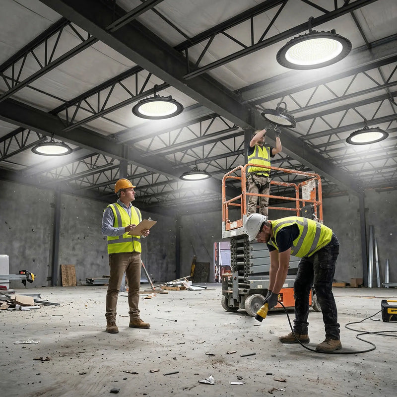 Construction workers installing multiple UFO LED high bay lights on warehouse ceiling using scissor lift platform