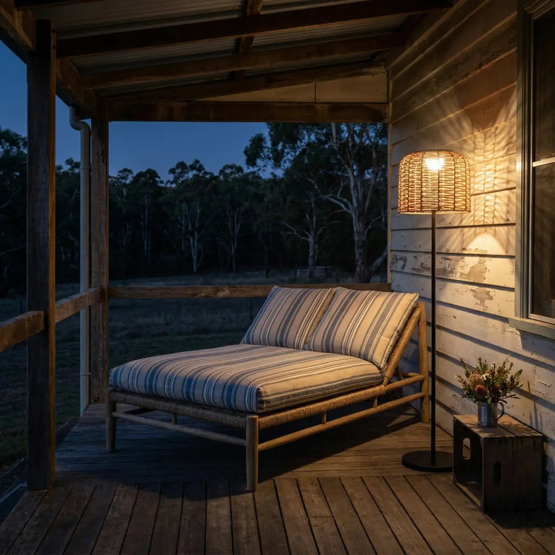 At night, the PT0908 Solar Rattan Floor Lamp illuminates a wooden porch, casting a warm glow and intricate woven shadows on the wall and striped lounge chair, creating a serene outdoor retreat atmosphere.