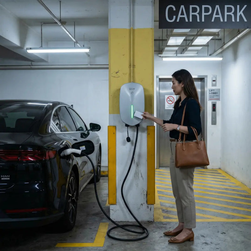 Woman using IC card to activate Outway EV05 charger in an underground parking garage, charging a black electric vehicle.