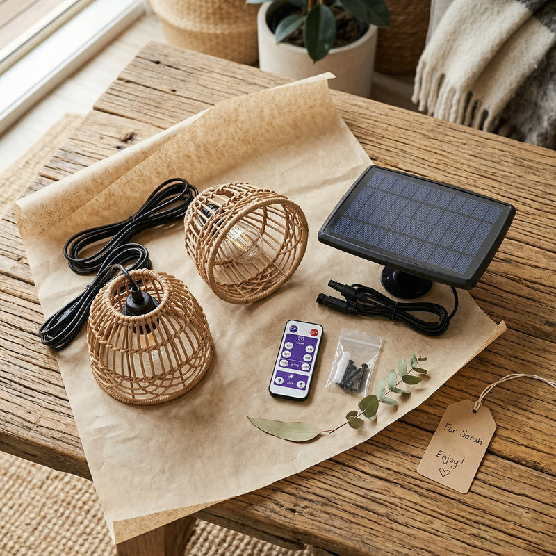 Solar-powered outdoor light set with rattan shades, remote control, and packaging on a wooden surface.