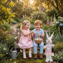 Two young children laughing on a garden bench sharing Easter eggs with a Lumi A002 girl rabbit solar ornament beside them surrounded by wattle flowers hydrangeas and lavender in a sunny Australian garden