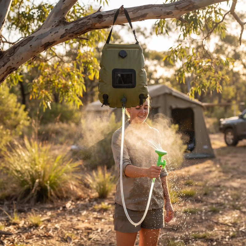 Camper smiles while spraying mist from solar shower bag; sunlight filters through leaves, highlighting portable outdoor hygiene setup.