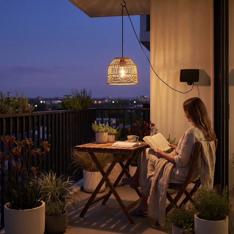 Woman reading book under PT0913 pendant on balcony at night, city lights in background — serene urban retreat vibe with gentle pulse mode and USB backup power for cloudy days.