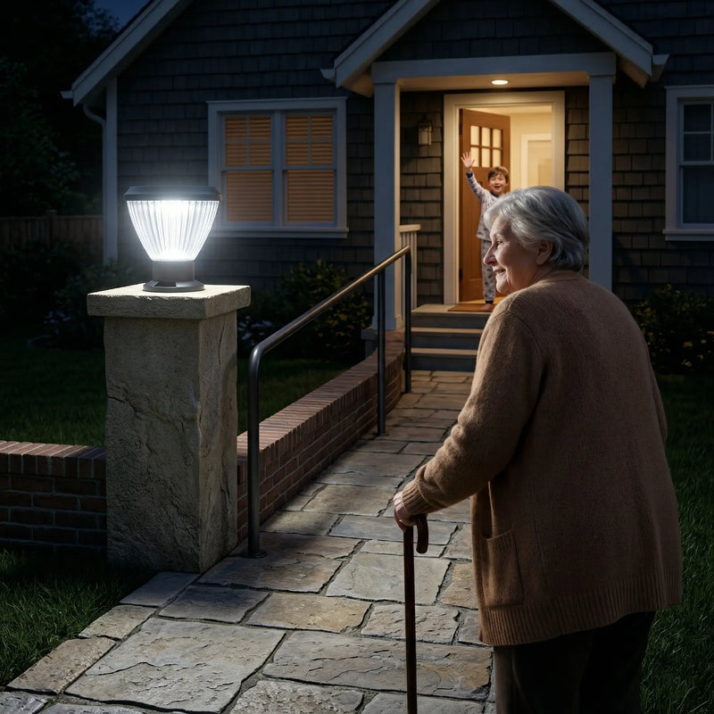 OUTWAY Priva PT0111 solar pillar cap light illuminating a stone pathway at night as an elderly woman with a walking cane approaches a house entrance where a child waves from the doorway